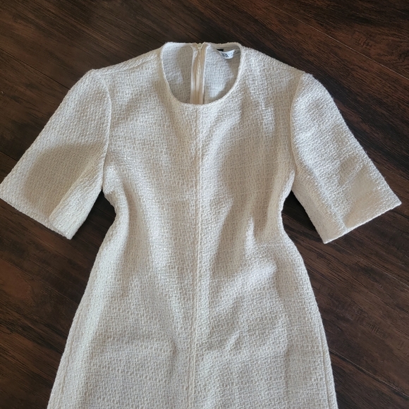 ZARA Ivory Tweed Textured Fringe‎ Trim Maxi Dress Size Small - Picture 6 of 16